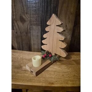 Handcrafted Oak Wood Christmas Tree with Candle - Holiday Decor